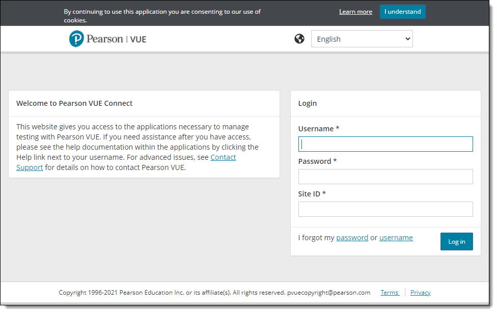 Connect Log in page with tracking cookies message displayed.